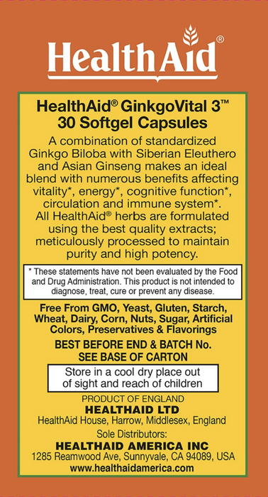 HealthAid Ginkgo Vital 3 30 Softgel Capsules